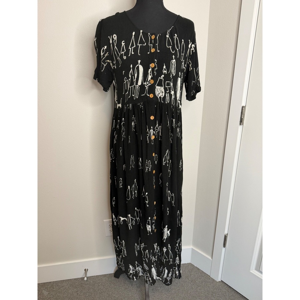 Jasmine by KVM Black Artsy Stick Figure People Print Button Front Maxi Dress S